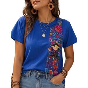 Boho Embroidered Folk Art Tee XL Frida Kahlo Festival Cottagecore Top